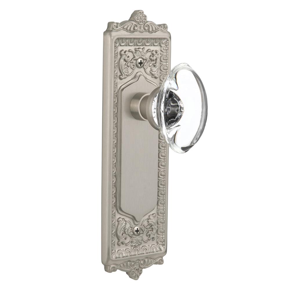 Nostalgic Warehouse EADOCC Passage Knob Egg and Dart Plate with Oval Clear Crystal Knob without Keyhole in Satin Nickel